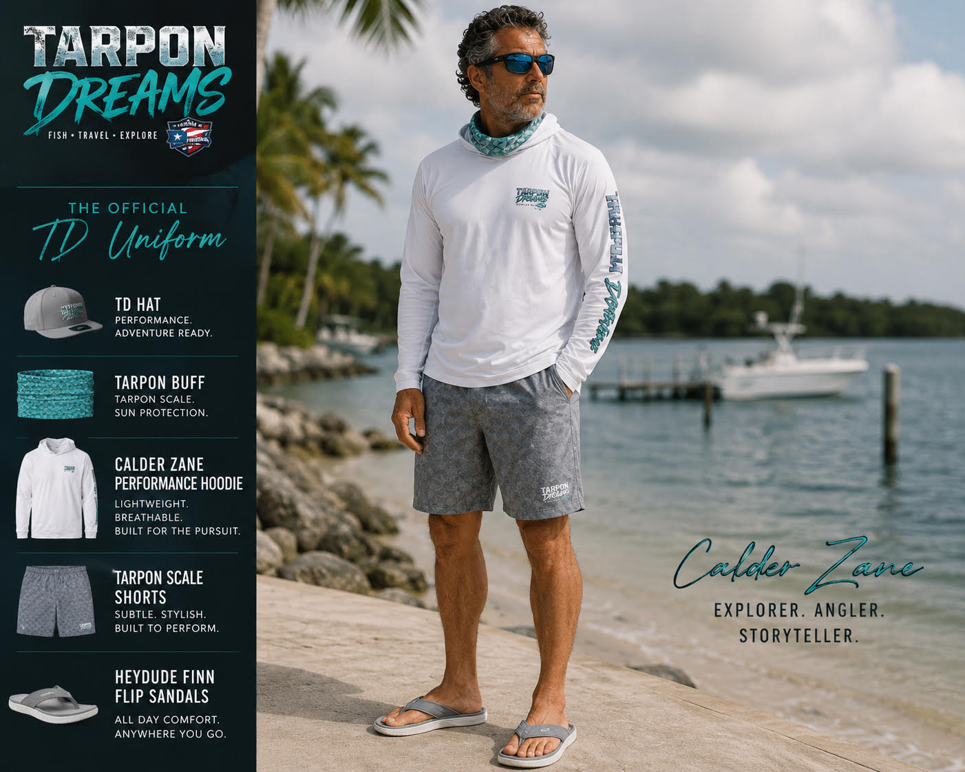 Tarpon Dreams - Calder Zane Collection - TD Uniform v1 - Grey TD Hat - TD Scale Buff - CZ Hoodie - Scale Shorts - Grey Flip Flops