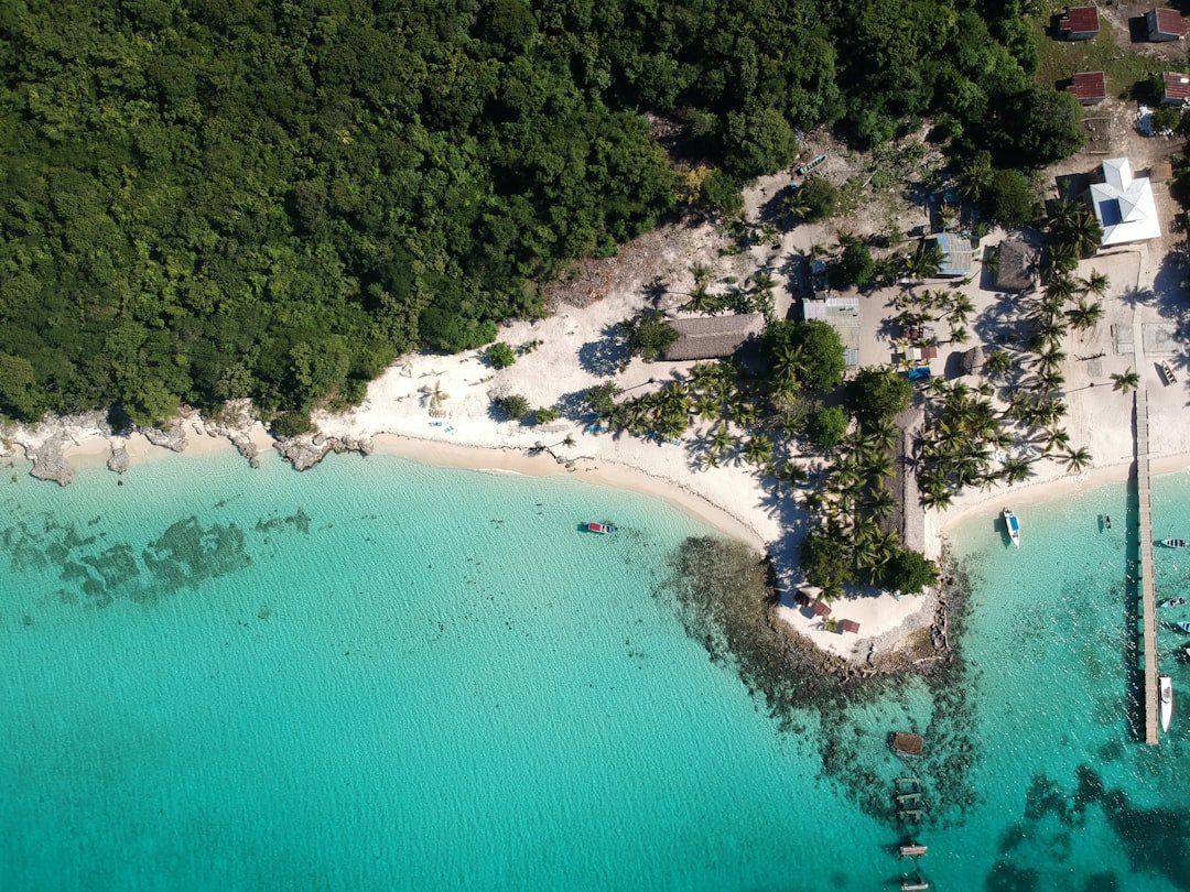 Photo by Rodrigo Castro an aerial view of a tropical island with a dock